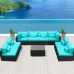 8 Seater black and sky blue rattan wicker outdoor sectional sofa set with cushions