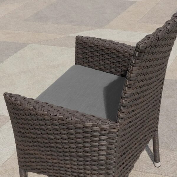 5-piece outdoor rattan dining set with grey cushions and dark brown armchairs, perfect for patio or garden
