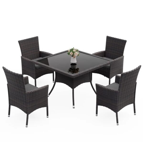5-piece outdoor rattan dining set with grey cushions and dark brown armchairs, perfect for patio or garden
