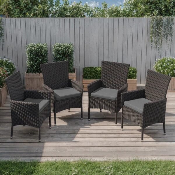 5-piece outdoor rattan dining set with grey cushions and dark brown armchairs, perfect for patio or garden