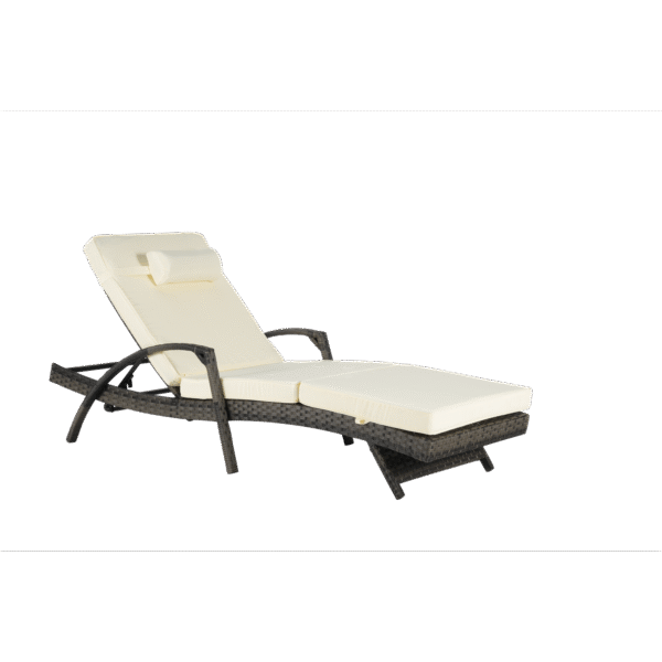 Dark brown rattan sun lounger set with cream cushions and adjustable backrests for patio, lawn, or beach.