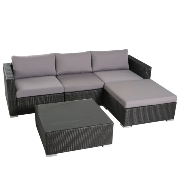 4 seater outdoor wicker sectional sofa set in brown frame with light grey cushions placed on a patio.