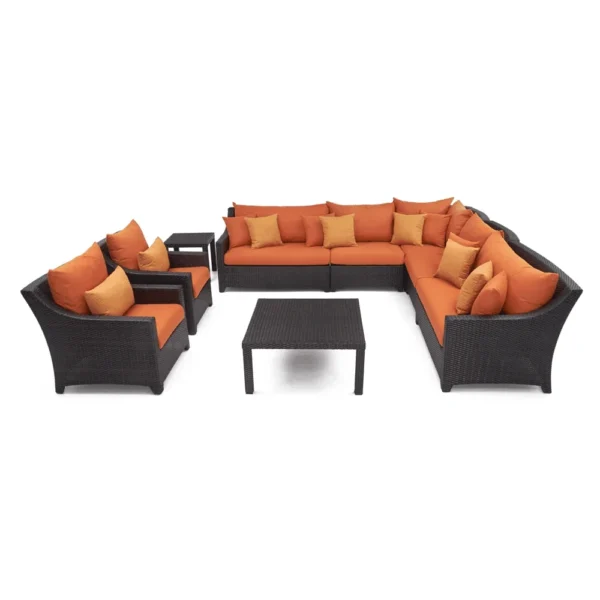L-shape outdoor wicker rattan sectional sofa set with waterproof cushions, side table, and center table in dark brown and orange.