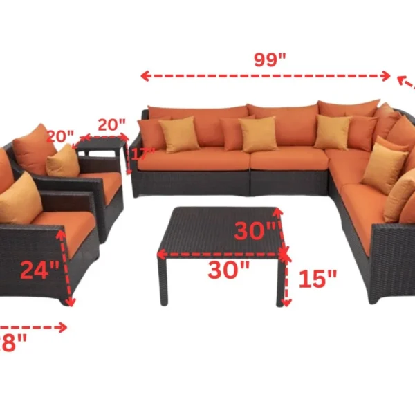 L-shape outdoor wicker rattan sectional sofa set with waterproof cushions, side table, and center table in dark brown and orange.