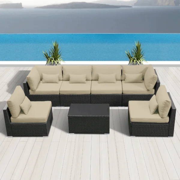 Outdoor black rattan sectional sofa set with cream cushions, seating 8, ideal for garden or patio.