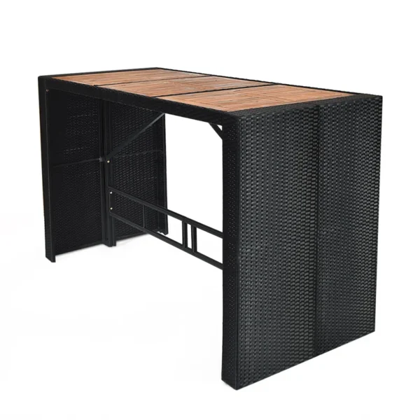 7-piece outdoor rattan bar set in black and off-white with high stools, table, and cushions, perfect for garden or patio settings.