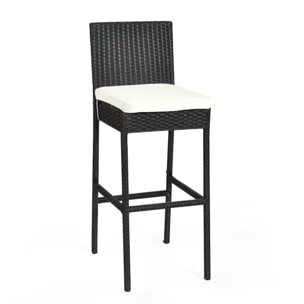 7-piece outdoor rattan bar set in black and off-white with high stools, table, and cushions, perfect for garden or patio settings.
