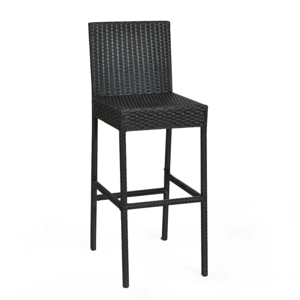 7-piece outdoor rattan bar set in black and off-white with high stools, table, and cushions, perfect for garden or patio settings.