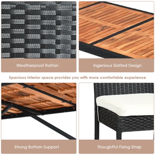 7-piece outdoor rattan bar set in black and off-white with high stools, table, and cushions, perfect for garden or patio settings.