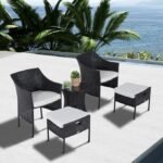 5-piece wicker patio sectional set with all-weather HDPE rattan and cushioned seating on a front porch.