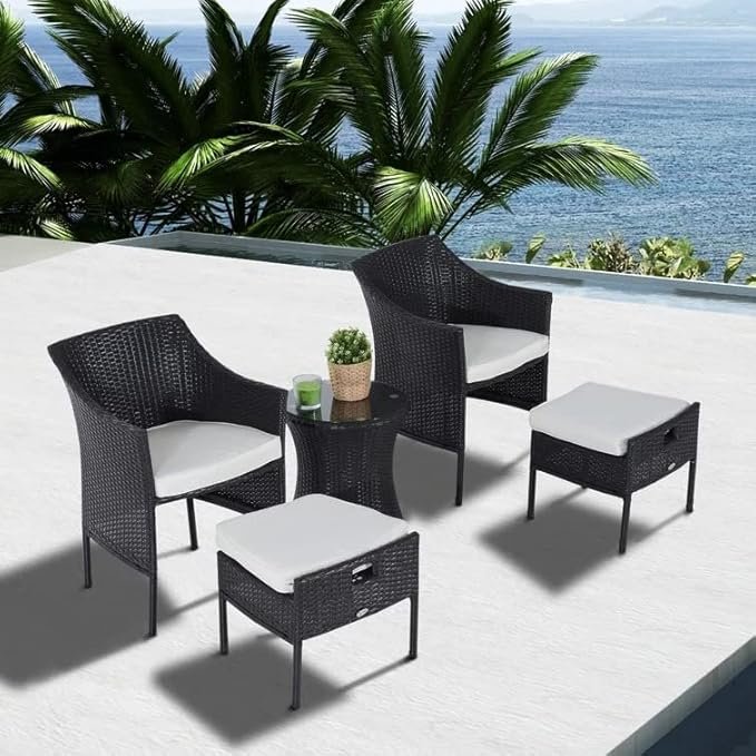 5-piece wicker patio sectional set with all-weather HDPE rattan and cushioned seating on a front porch.