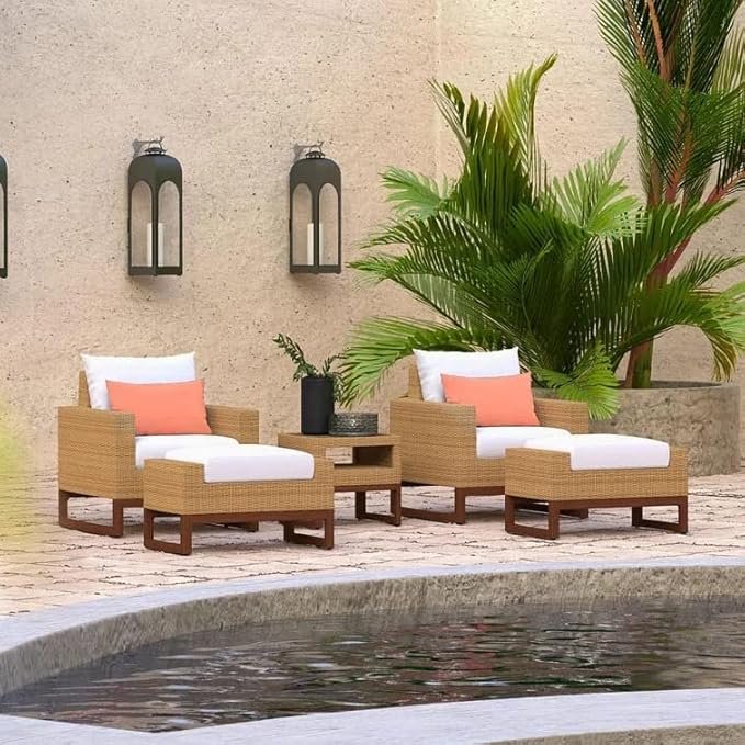 Create the perfect outdoor retreat with this stylish 5-piece wicker patio set in beige and white – comfort and elegance for your backyard or garden.
