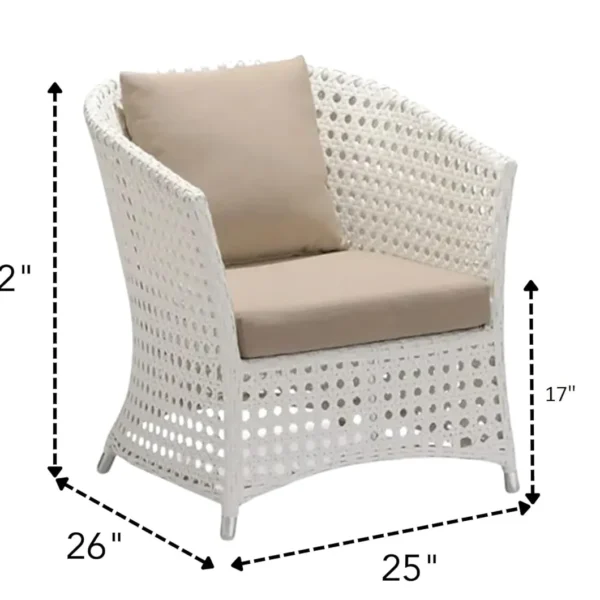 Outdoor 4-seater sofa set with white and beige cushions, placed in a garden setting for relaxation.