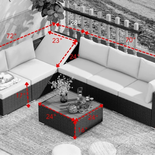 6 seater outdoor rattan wicker sofa set with red cushions and brown center table for patio or garden