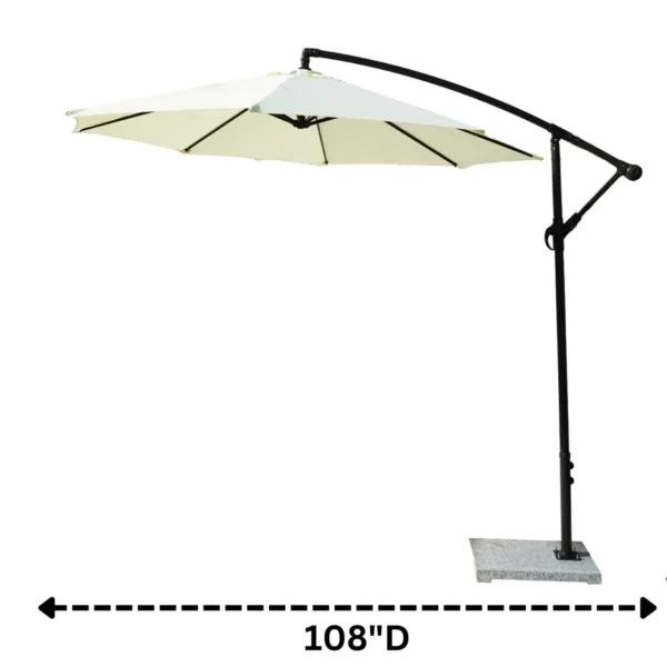 Off-white 9 ft outdoor cantilever patio umbrella with marble base and crank handle in a garden setting.