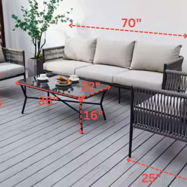 Grey and light grey outdoor rope woven sectional sofa patio set with waterproof cushions and glass table