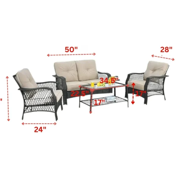 LOCCUS 4 Piece Outdoor Patio Wicker Rattan Sofa Conversation Set & Glass Top Coffee Table (Black & Cream) - Image 3