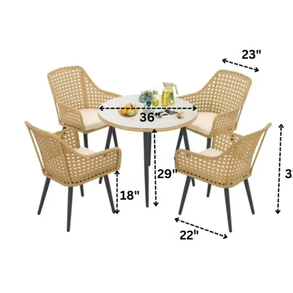 5-piece beige and cream wicker dining set with chairs and table, ideal for indoor and outdoor use, space-saving design, table without glass top
