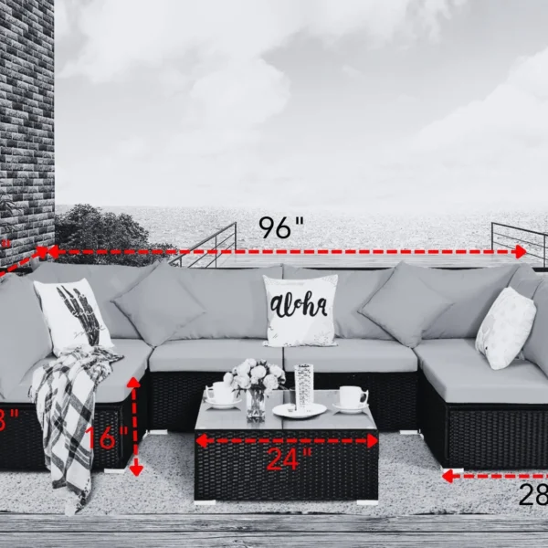 5-piece outdoor rattan sectional sofa set with black frame and red cushions, perfect for patio or garden.