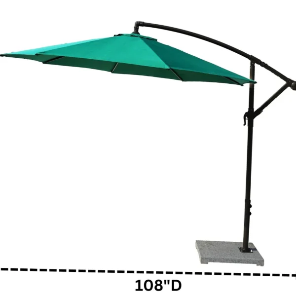 Green 9 Ft offset cantilever umbrella with marble base and crank handle by the poolside