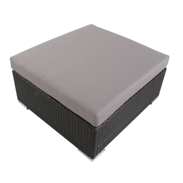 4 seater outdoor wicker sectional sofa set in brown frame with light grey cushions placed on a patio.
