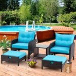 patio furniture set with brown wicker frame and sky-blue cushions, including chairs, table, and ottoman for outdoor use.