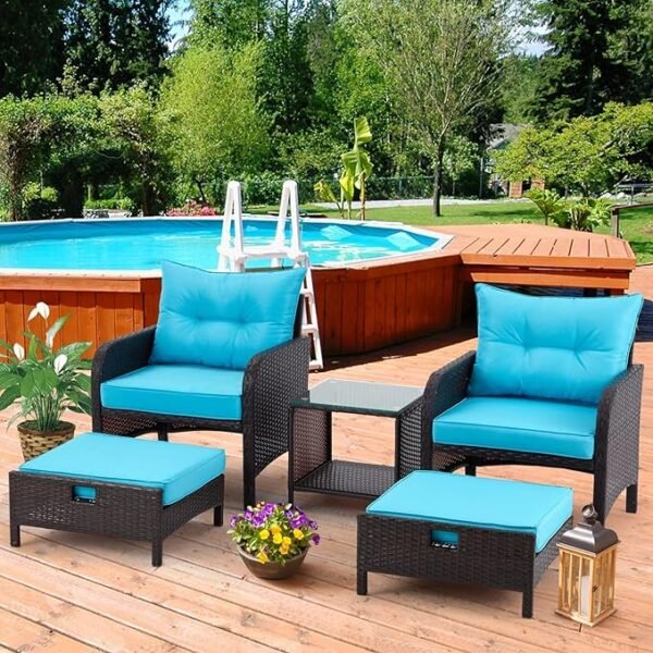 patio furniture set with brown wicker frame and sky-blue cushions, including chairs, table, and ottoman for outdoor use.