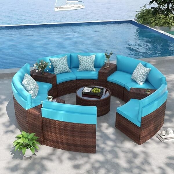 Full Moon Rattan Wicker Sofa Set in brown frame with blue cushions, outdoor patio furniture