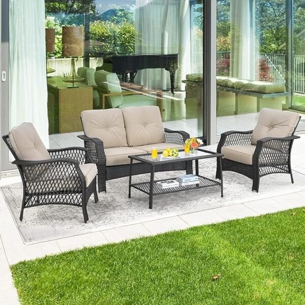 LOCCUS 4 Piece Outdoor Patio Wicker Rattan Sofa Conversation Set & Glass Top Coffee Table (Black & Cream) - Image 2