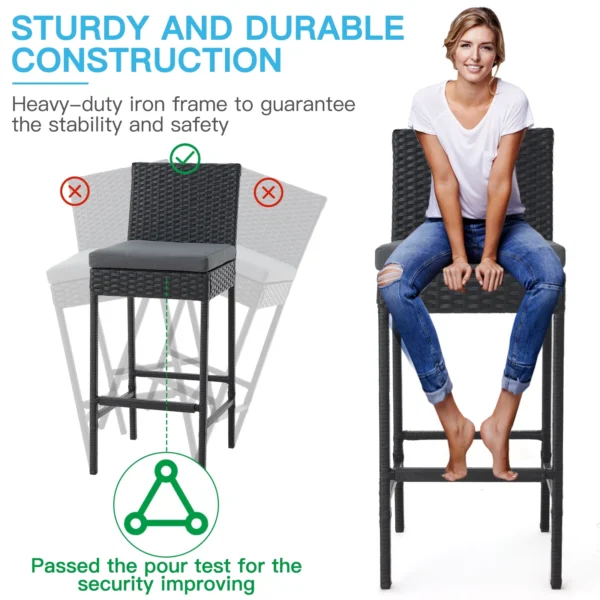 Enjoy stylish outdoor dining with this sleek 3-piece rattan bar table and chair set, complete with comfortable removable cushions.