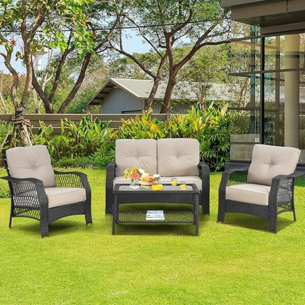 LOCCUS 4 Piece Outdoor Patio Wicker Rattan Sofa Conversation Set & Glass Top Coffee Table (Black & Cream) - Image 4