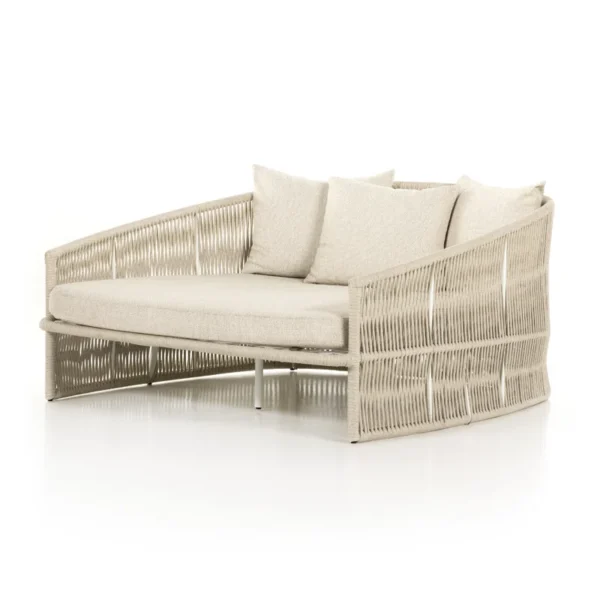 Beige outdoor rope daybed with rattan design, perfect for garden, terrace, balcony, or poolside relaxation.