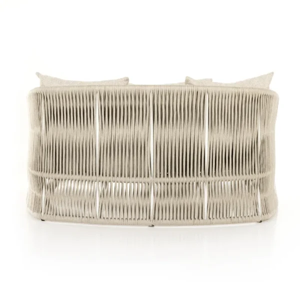 Beige outdoor rope daybed with rattan design, perfect for garden, terrace, balcony, or poolside relaxation.