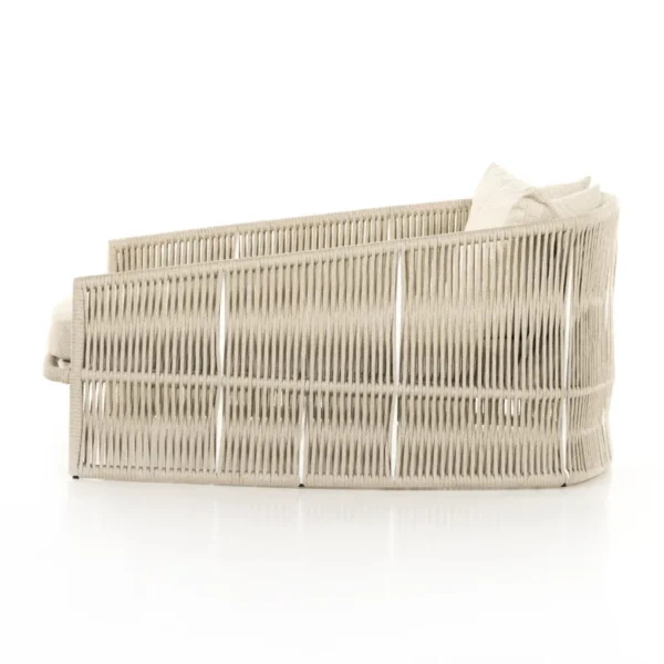 Beige outdoor rope daybed with rattan design, perfect for garden, terrace, balcony, or poolside relaxation.