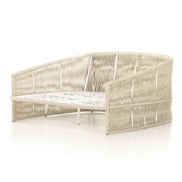 Beige outdoor rope daybed with rattan design, perfect for garden, terrace, balcony, or poolside relaxation.