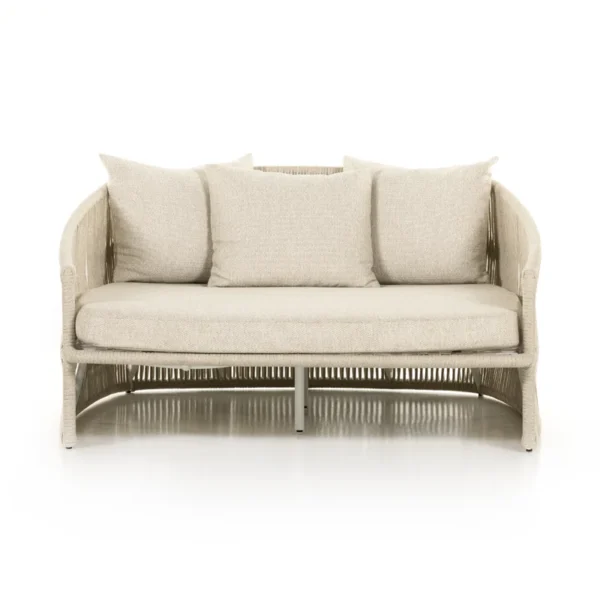 Beige outdoor rope daybed with rattan design, perfect for garden, terrace, balcony, or poolside relaxation.