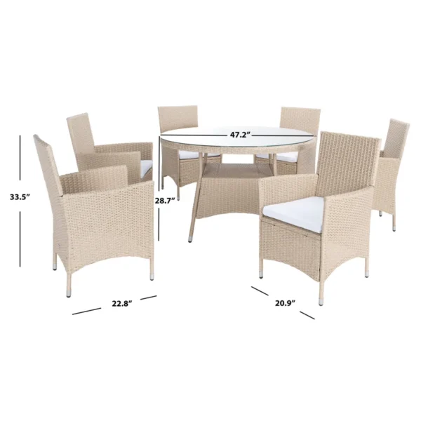 6-person round outdoor dining set with beige cushions on a patio