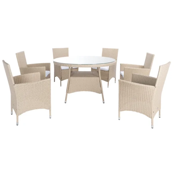 6-person round outdoor dining set with beige cushions on a patio