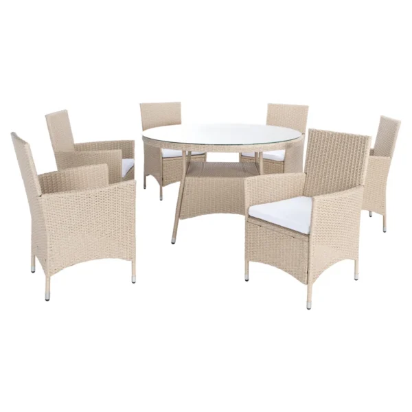 6-person round outdoor dining set with beige cushions on a patio