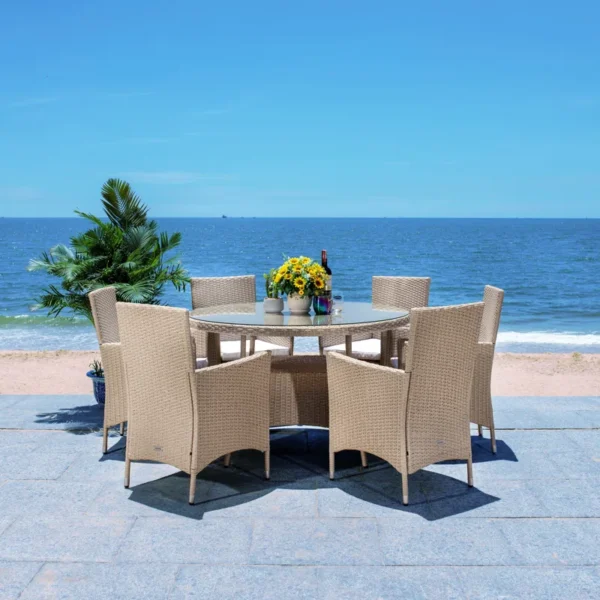 6-person round outdoor dining set with beige cushions on a patio