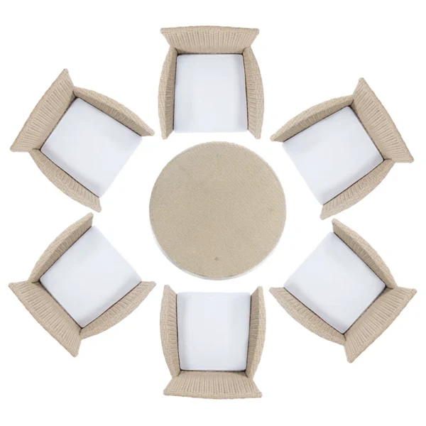 6-person round outdoor dining set with beige cushions on a patio