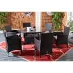 6-person round outdoor dining set with comfortable black cushions, perfect for patio, garden, or backyard.