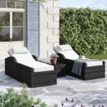 Rattan wicker long reclining outdoor chaise lounge with cushions in black and off-wh