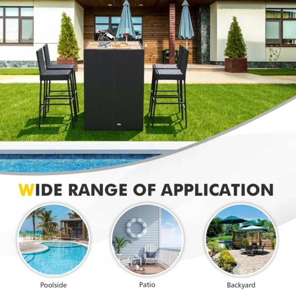 5 piece outdoor patio rattan bar set in black and white with high chairs and a bar table arranged on a garden patio.