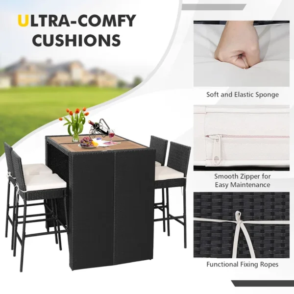 5 piece outdoor patio rattan bar set in black and white with high chairs and a bar table arranged on a garden patio.