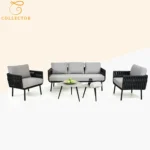 5-seater outdoor patio garden sofa set with black and grey woven rope and cushioned seats.