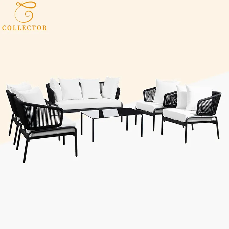 black and white modern outdoor rope sofa set with woven design in garden setting