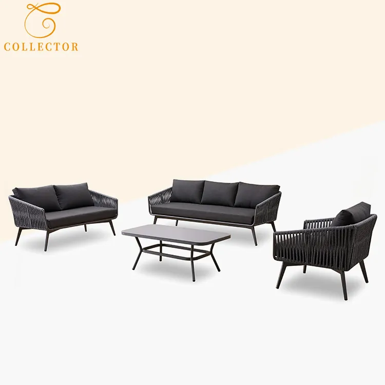 Black 4-piece outdoor rope sofa set with cushions, perfect for patios and gardens