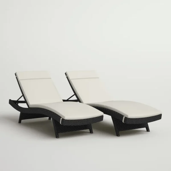 Set of 2 dark brown outdoor patio recliner lounge chairs with off-white all-weather cushions.