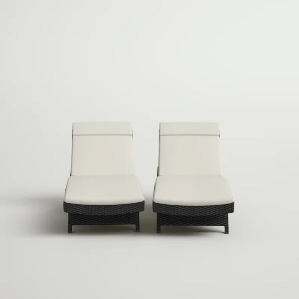 Set of 2 dark brown outdoor patio recliner lounge chairs with off-white all-weather cushions.